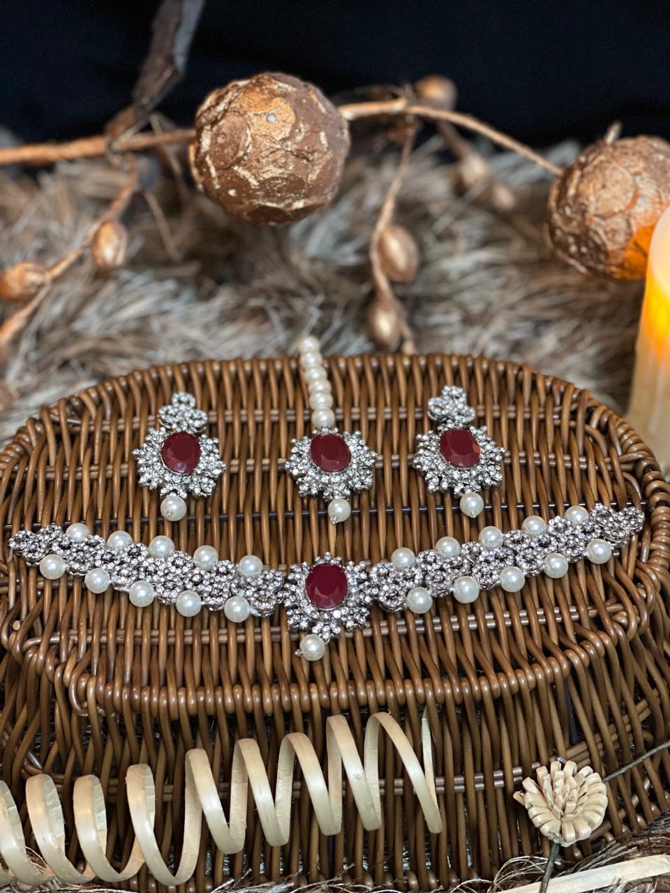 Traditional Mastani Choker set " with studded Pearls, Ruby and Zircons gemstones.