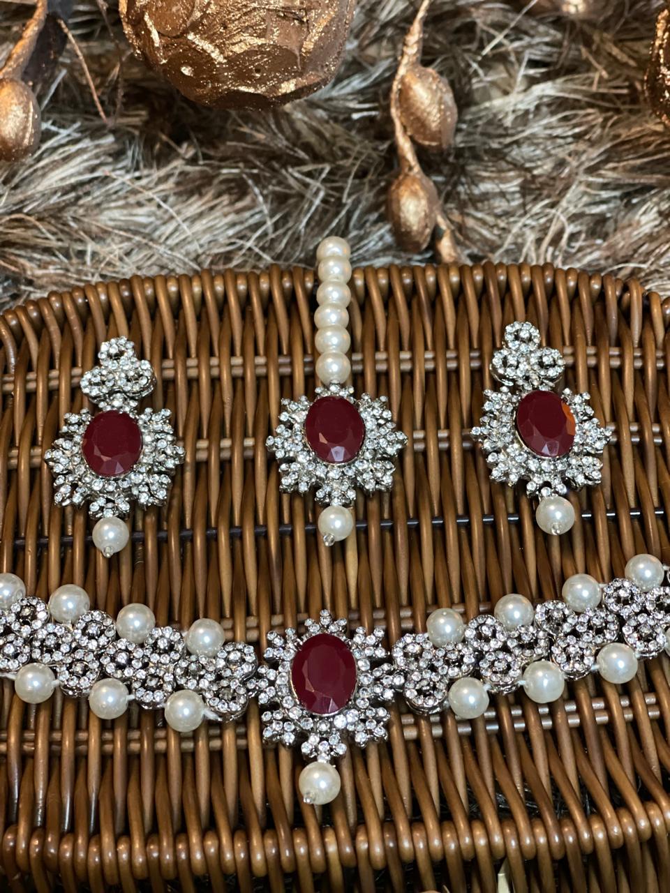 Traditional Mastani Choker set " with studded Pearls, Ruby and Zircons gemstones.